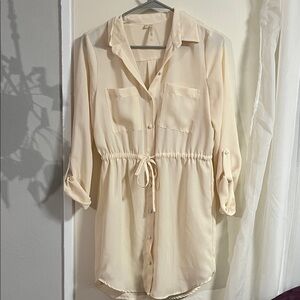 Petticoat Alley Sheer Cream Button-Up Blouse with Drawstring